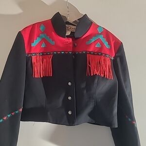 Vintage Cropped Western Style RED Fringe Jacket MADE IN  USA Women Size LARGE